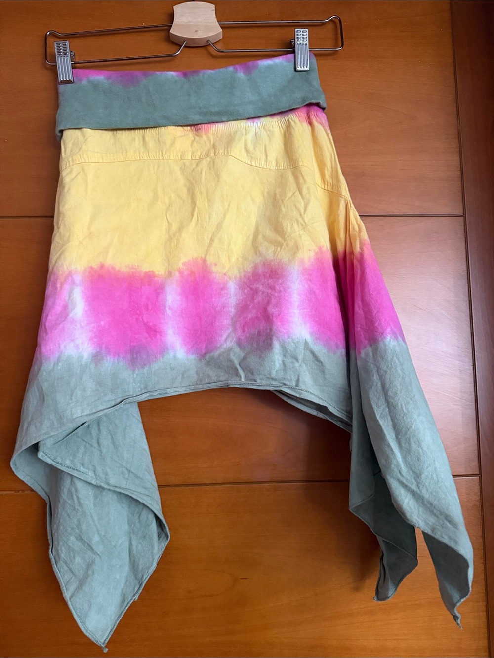 Tie-Dye Asymmetric Handkerchief Hem Skirt in Pink, Yellow & Sage